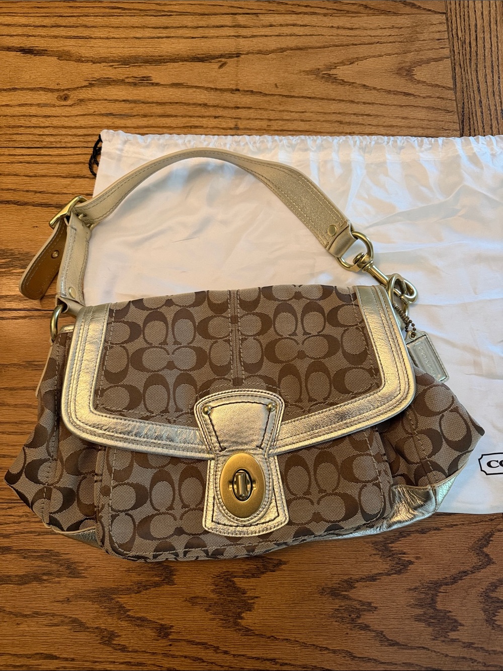 Vintage Coach Brown Signature Canvas Shoulder Bag with Gold Trim